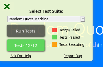 Screenshot of the FCC test suite, showing that it passes all 12 tests